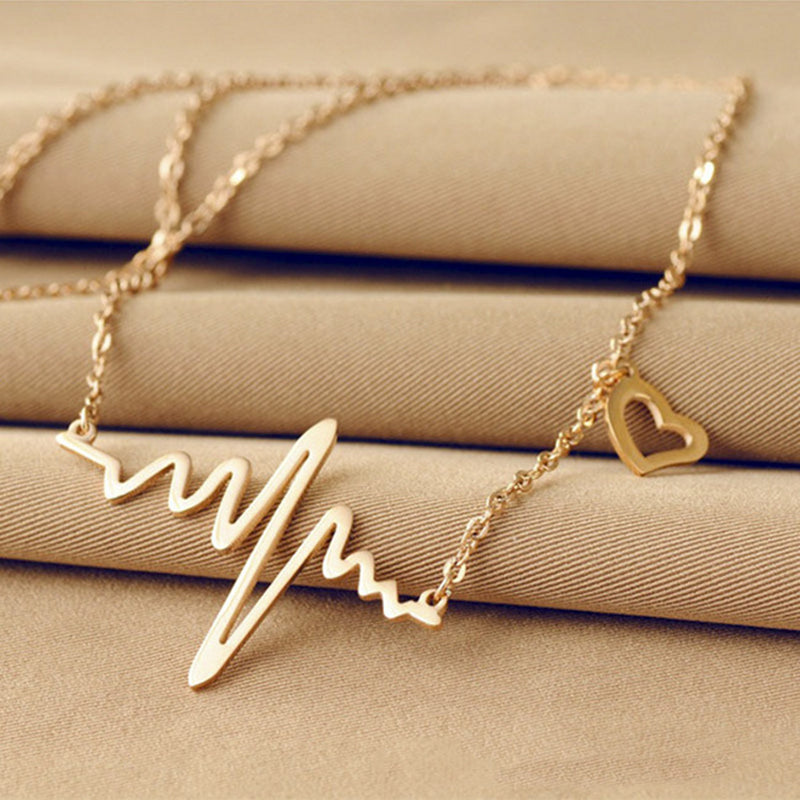 Golden Metal Ecg Heart Beat Wave Necklace Pendant For Women & Girls