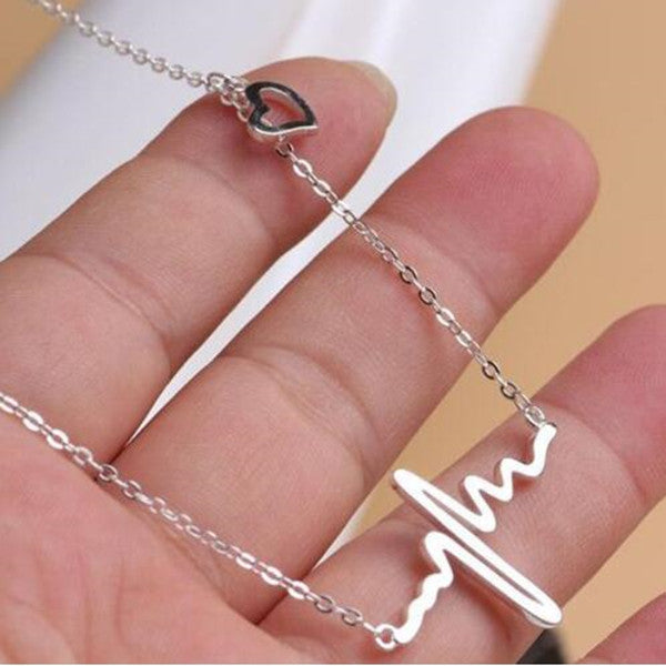 Golden Metal Ecg Heart Beat Wave Necklace Pendant For Women & Girls