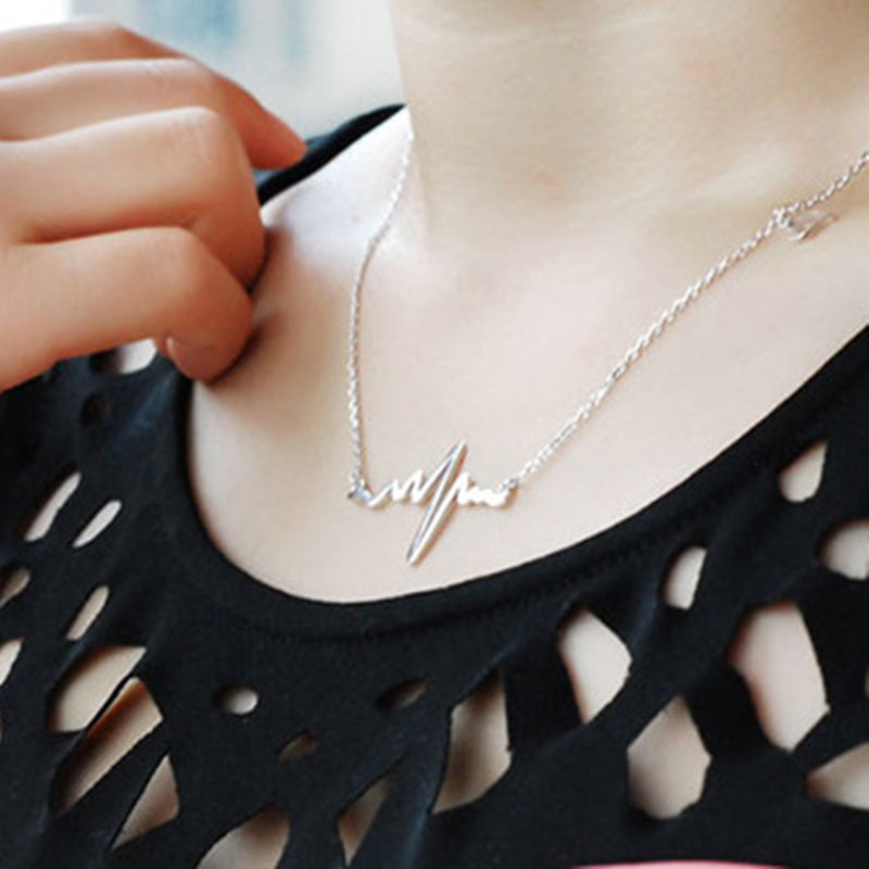 Golden Metal Ecg Heart Beat Wave Necklace Pendant For Women & Girls