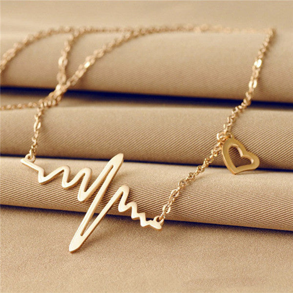 Golden Metal Ecg Heart Beat Wave Necklace Pendant For Women & Girls