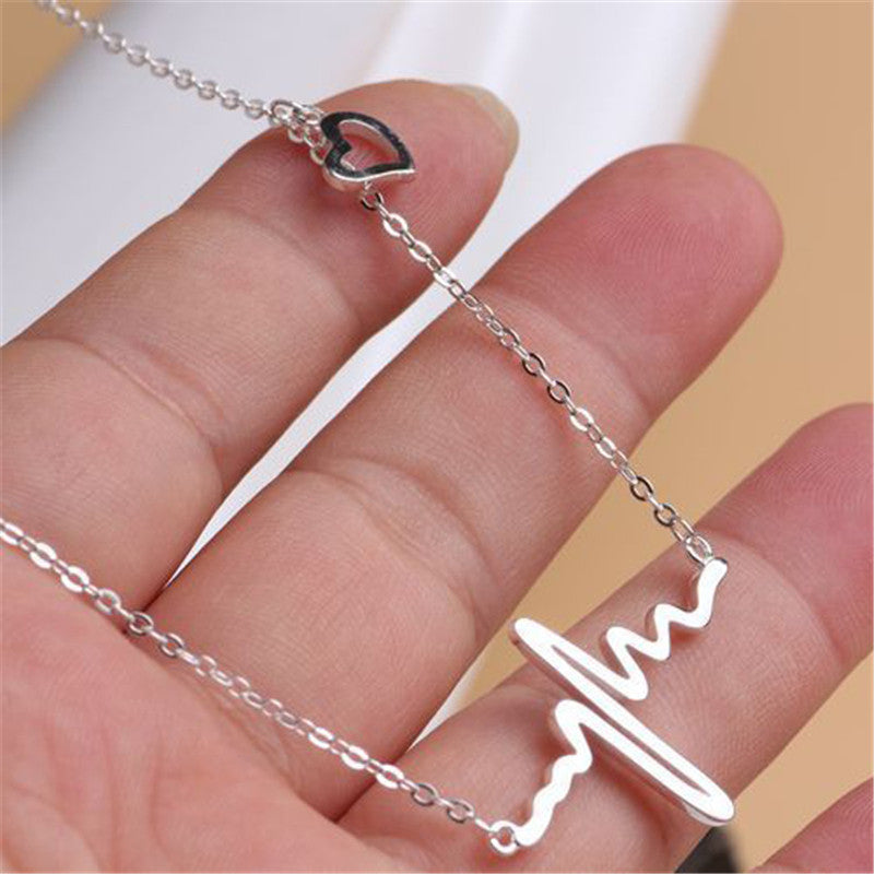 Golden Metal Ecg Heart Beat Wave Necklace Pendant For Women & Girls